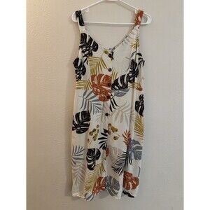 Monteau Linen Dress Large Tropical Leaves White Rust Vacation Cruise Resort
